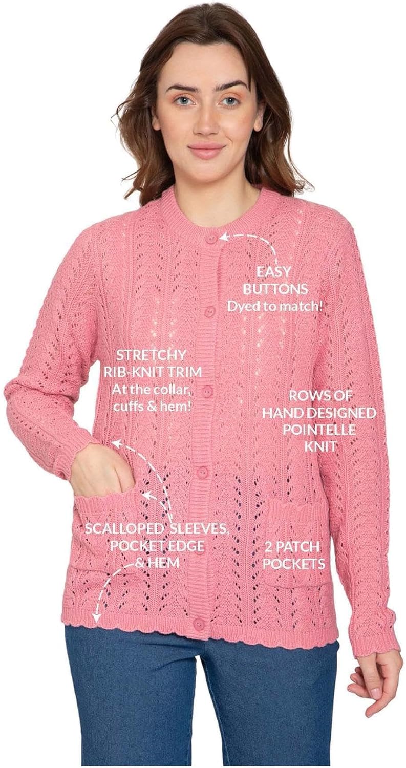 Women's Button Front Crochet Pointelle Cardigan with Pockets