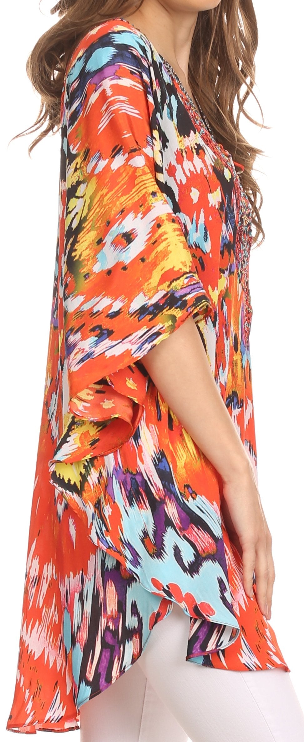 Sakkas Tallulah Wide Circle Blouse V Neck Top With Tassle Ties And Rhinestones