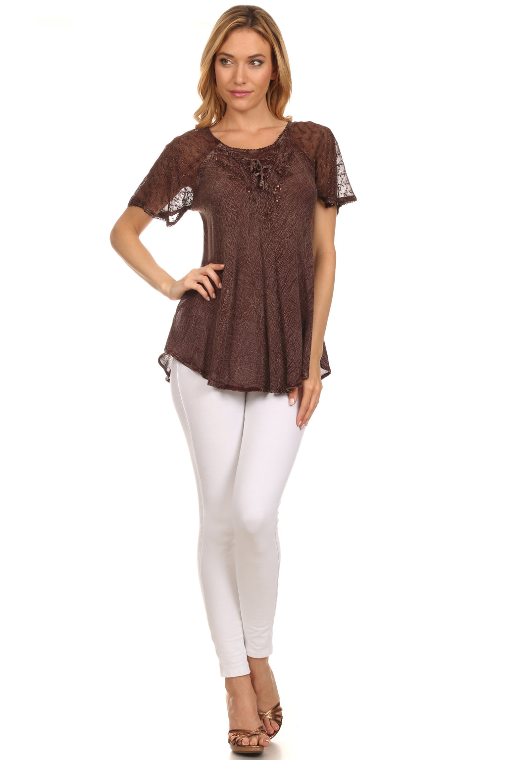 Sakkas Ellie Sequin Embroidered Cap Sleeve Scoop Neck Relaxed Fit Blouse