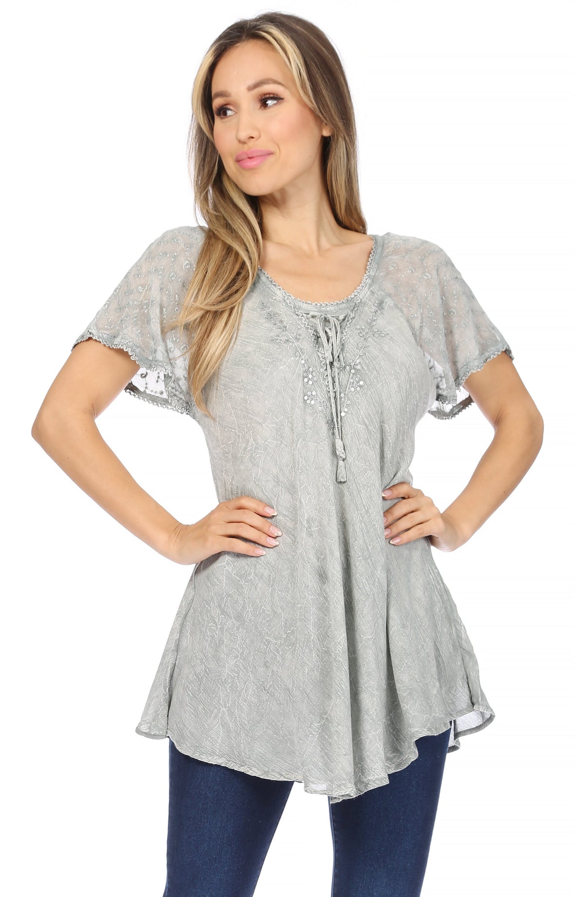 Sakkas Ellie Sequin Embroidered Cap Sleeve Scoop Neck Relaxed Fit Blouse