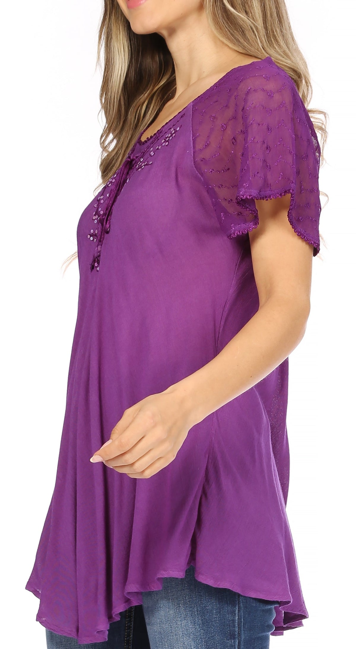 Sakkas Ellie Sequin Embroidered Cap Sleeve Scoop Neck Relaxed Fit Blouse
