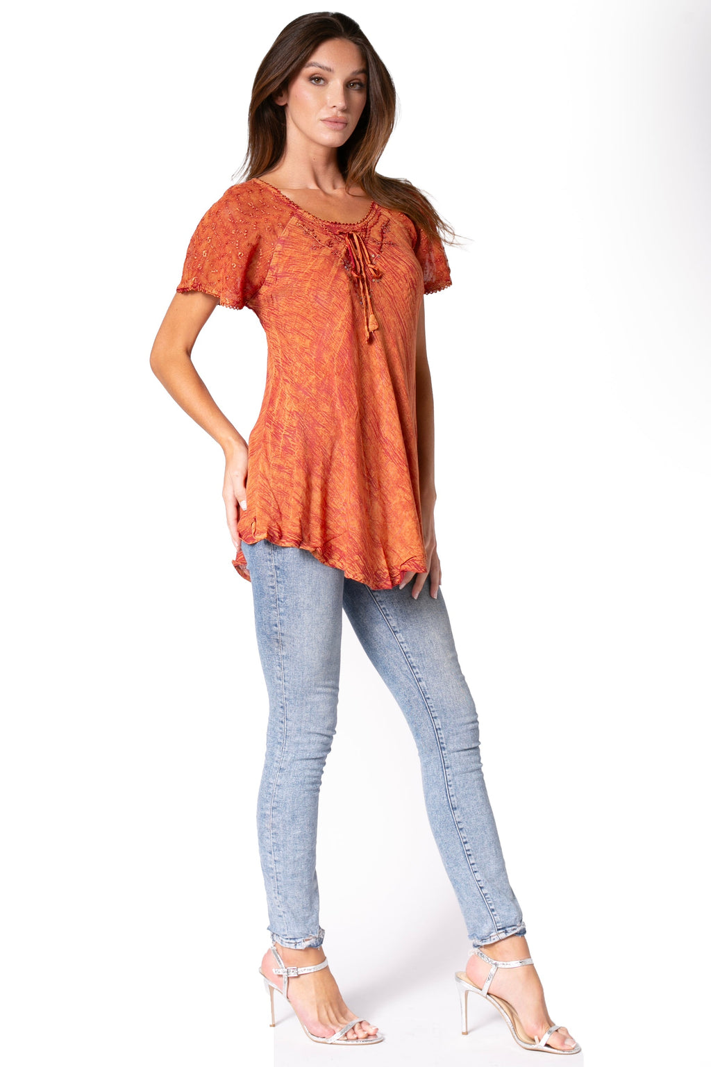 Sakkas Ellie Sequin Embroidered Cap Sleeve Scoop Neck Relaxed Fit Blouse