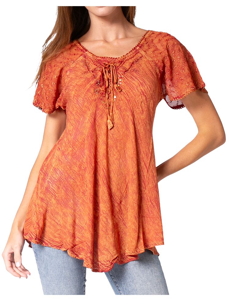 Sakkas Ellie Sequin Embroidered Cap Sleeve Scoop Neck Relaxed Fit Blouse