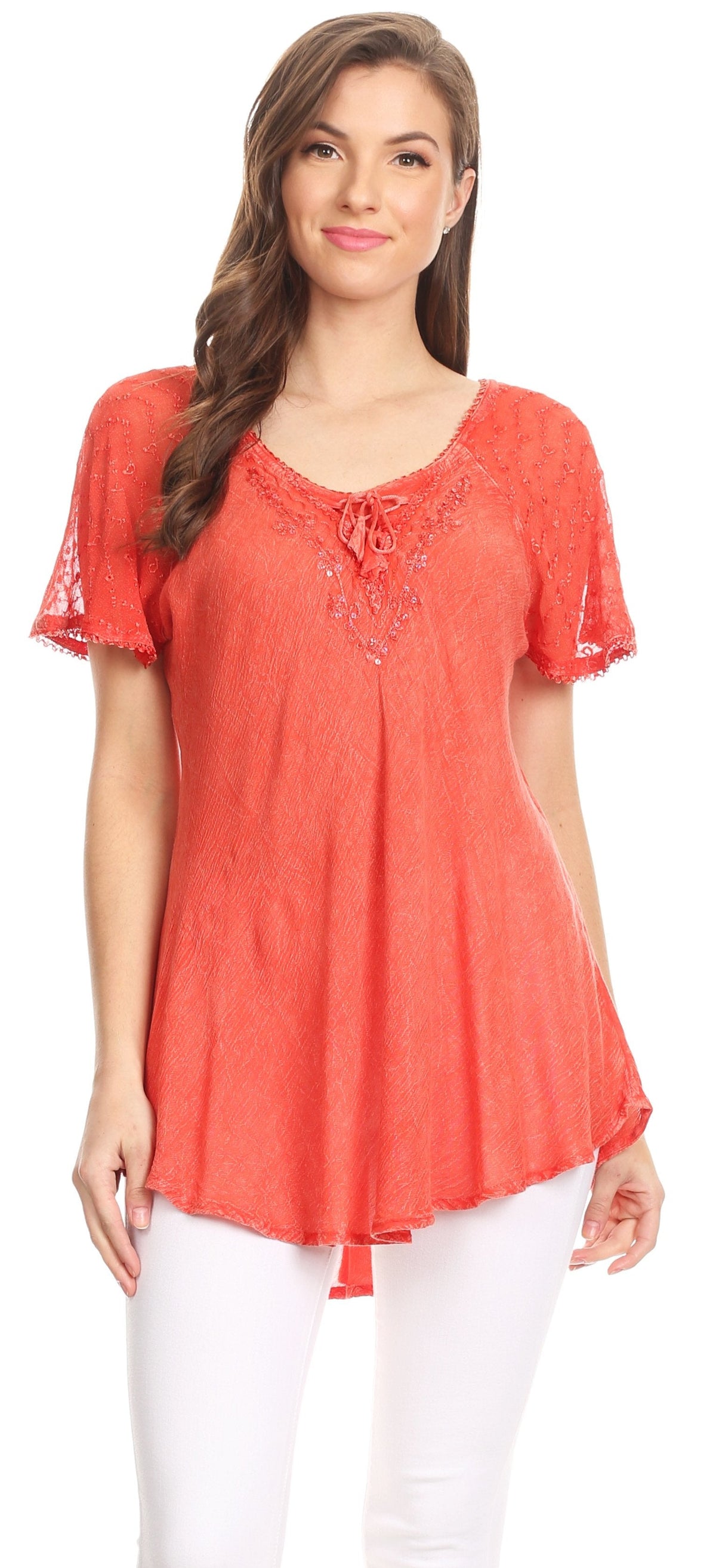 Sakkas Ellie Sequin Embroidered Cap Sleeve Scoop Neck Relaxed Fit Blouse