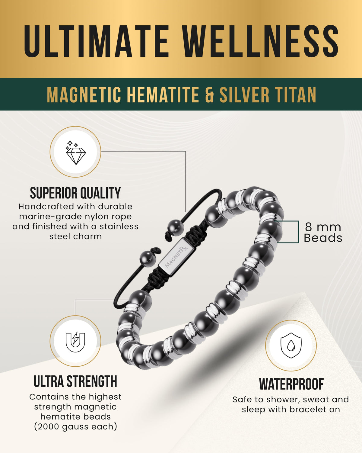 High Power Magnetic Hematite Bracelet Silver Titan