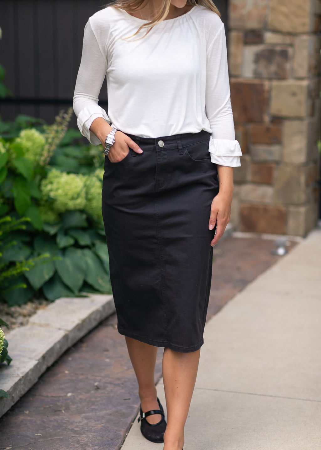 Remi Onyx Black Denim Midi Skirt